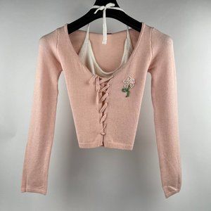 Blush Elegance Lace-Up Cardigan with Floral Embroidery